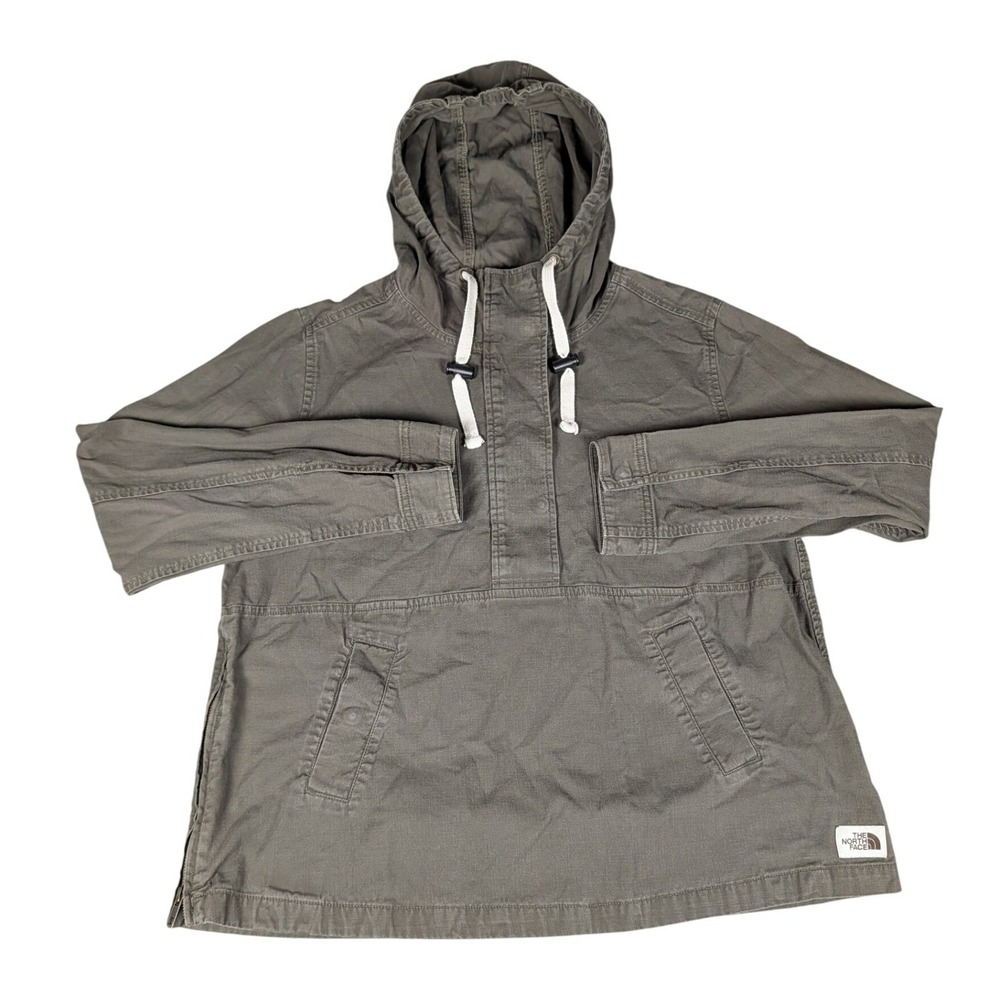The North Face Anorak Pullover Women Large Olive Green Hooded Side Zip Excellent